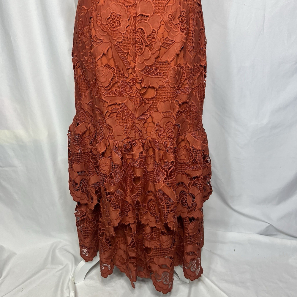 Mestiza New York Vanessa Belted Tiered Guipure Lace Midi Dress Red/Rust 8 Classy - Picture 9 of 16